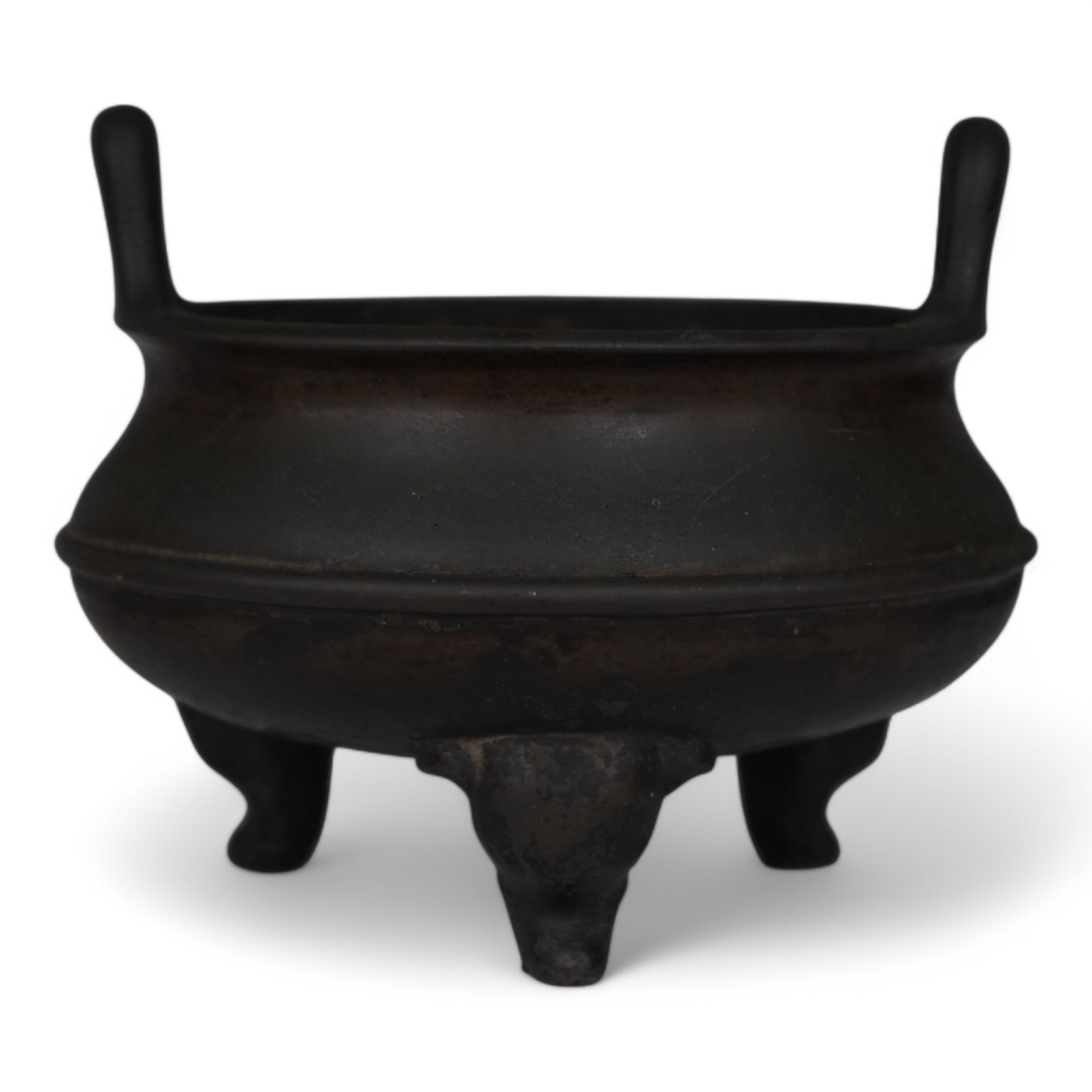 A Chinese bronze censer, character mark to base, 14cm. Condition - fair to good